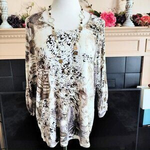 Coldwater Creek Knit Top L 14 Brown Multi Abstract Leaves 3/4 Dolman Sleeves